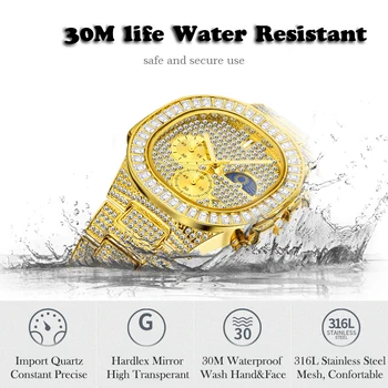 MISSFOX Om de ceasuri de lux de Aur Gheata Full Diamant Pătrat Ceasuri de mana disc Dublu Cronograf rezistent la apa Ceasuri Mens 2020 Nou