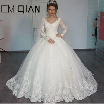 New Romantic V-gât Elegant Printesa Rochie de Mireasa Mâneci Lungi Aplici Celebritate Rochie de Bal vestido De Noiva