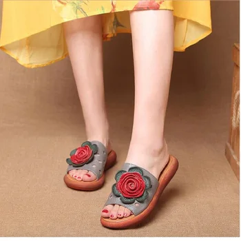 RUSHIMAN 2018 Femeie Piele Pantofi Pentru Femeie Papuci de Alunecare în aer liber, Papuci de Femei Pantofi Plat cu Sandale Florale