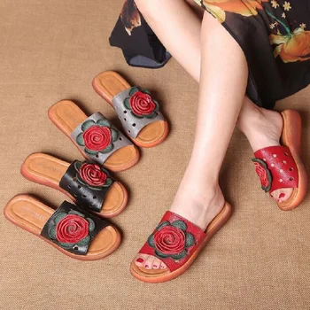 RUSHIMAN 2018 Femeie Piele Pantofi Pentru Femeie Papuci de Alunecare în aer liber, Papuci de Femei Pantofi Plat cu Sandale Florale