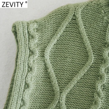 Zevity 2021 Femei Vintage Guler Verde Croșetat De Tricotat Pulover Femei Fără Mâneci Dantelă Partea De Sus Vesta Chic Pulovere Topuri S675