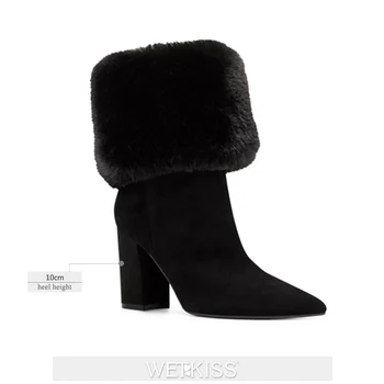 WETKISS Noi Cizme de Zapada pentru Femei Blana Groasă de Iarnă Pantofi Femeii a Subliniat Toe Tocuri Groase Glezna Cizme de Iarna Cald Cizme de Moda