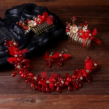 TUANMING Calde la Modă Bijuterii Handmade Red Pearl Bijuterii SetsCharm Pieptene de Par Benzi Pentru Femei Fire de Păr Accesorii en-Gros