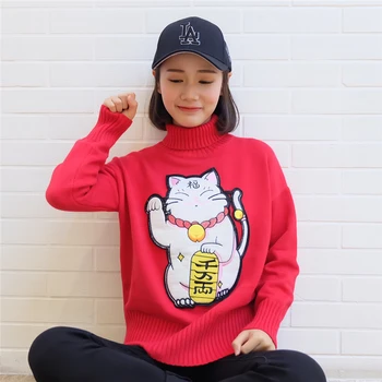 Noi 2020 femei primavara doamnelor Japoneză MaNeKiNeKo broderie luckey cat guler pulover tricotate coreean trage tricouri largi
