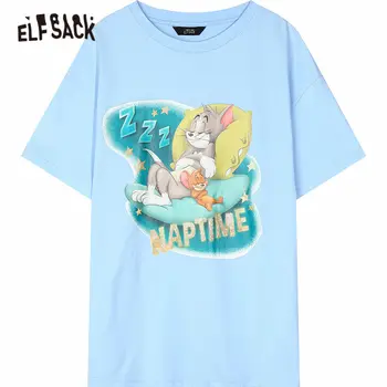 ELFSACK Albastru Desene animate Print Casual Femei Harajuku T-Shirt de Vară 2020 ELF Galben cu Maneci Scurte coreean Doamnelor de zi cu Zi Portocale Top Drăguț