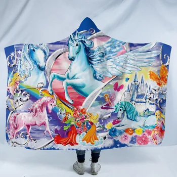 Rainbow Unicorn Model 3D Imprimate de Pluș cu Gluga Pătură pentru Adult Copil Cald Portabil Portabil Fleece Drăguț Dropship