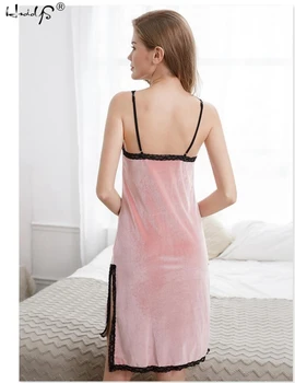 2019 Sexy V-neck Catifea Femei cămașă de noapte fără Mâneci Curea de Spaghete îmbrăcăminte de noapte de Dantelă Halat Cămăși de noapte Sleepshirts Lenjerie Lounge