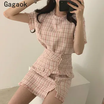 Gagaok Femei Office Lady Chic Set De Două Piese De Vară 2020 Nou O-Gât Pulover Scurt + Carouri Butonul Ciucure Sălbatice Fuste În Stoc