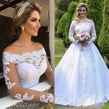 Vestido De Noiva Printesa Rochii De Mireasa 2021 Grădină De Pe Umăr Pur Maneca Lunga Cu Margele Arabă Halat De Mariage Rochii De Mireasa