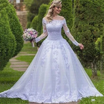 Vestido De Noiva Printesa Rochii De Mireasa 2021 Grădină De Pe Umăr Pur Maneca Lunga Cu Margele Arabă Halat De Mariage Rochii De Mireasa