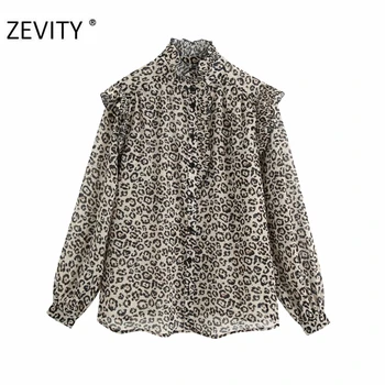 ZEVITY Noi femeile epocă ciufulit leopard print casual salopeta bluza tricou femei încreți volane sifon blusas de afaceri topuri LS7192