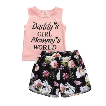 2020 Copil Copil Copil Copil Haine de Fata Set Vară fără Mâneci Scrisoare Vesta tricou Floral pantaloni Scurți Drăguț 2 buc Tinutele Vestimentare