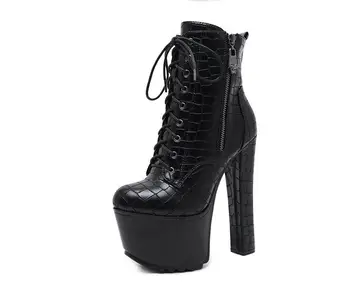 New Sosire 16CM Sălbatice toc înalt cizme femei de Iarna Femei Glezna Cizme Platforma Dantela Gros, pantofi cu Toc Plus Dimensiune 34-40
